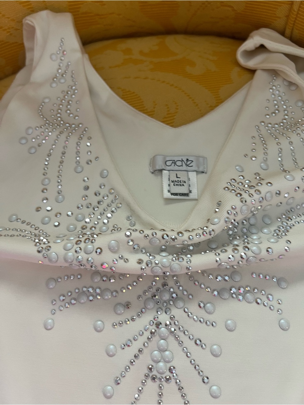 Cache White Formal Rhinestone and Pearl Accents t shirt